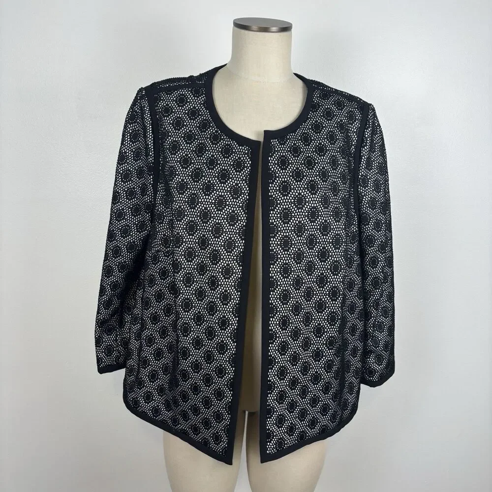 Kasper Women's 16W Bonded Lace Blazer Contrast Black White Laser Cut - Picture 3 of 10